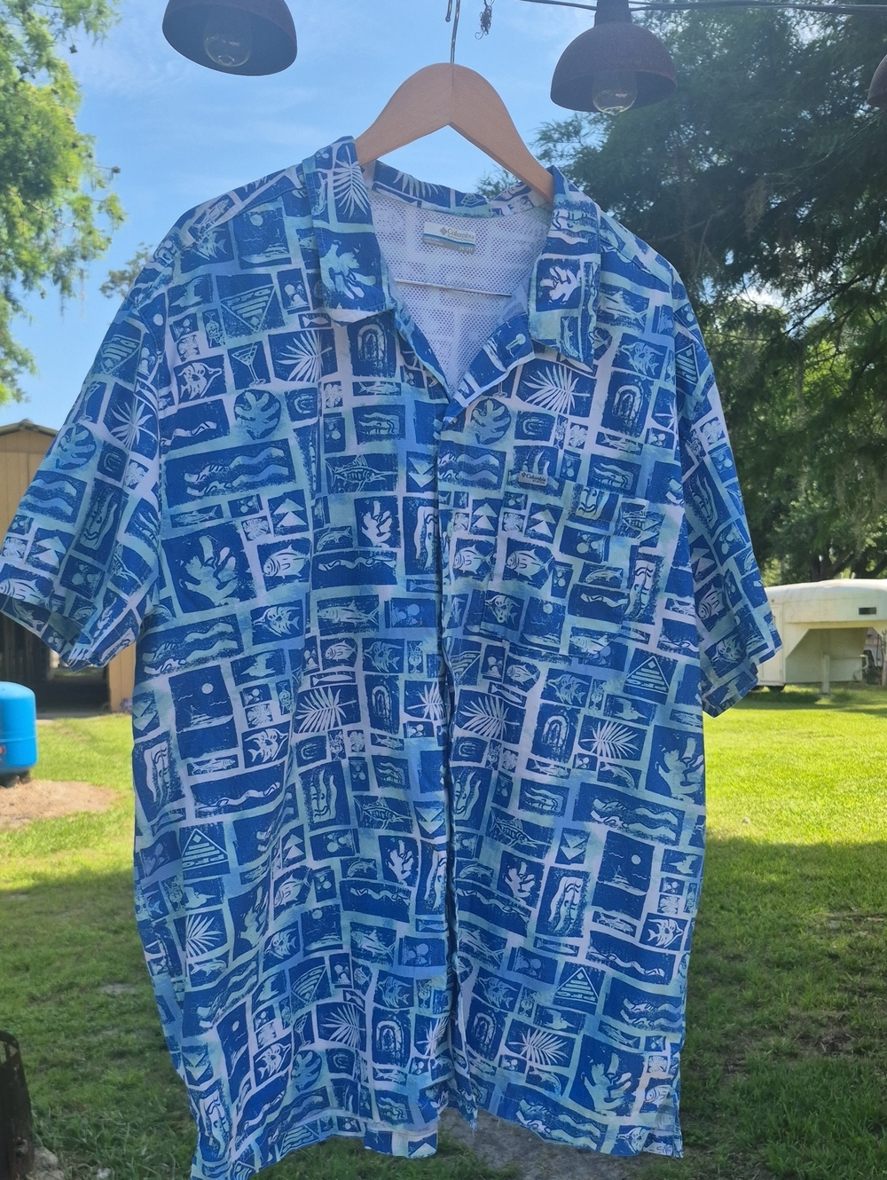 Columbia PFG Mens 3x Vented Short Sleeve Button Up Fish Print Shirt Cotton